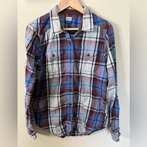 Kavu Plaid Long Sleeve Button Up Size Medium Blue Red Brown